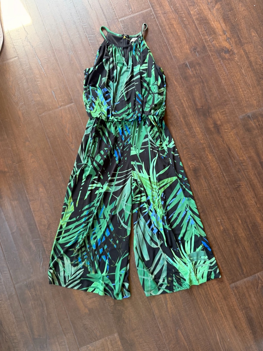 London Times Black Halter Jumpsuit with Green & Blue Tropical Print